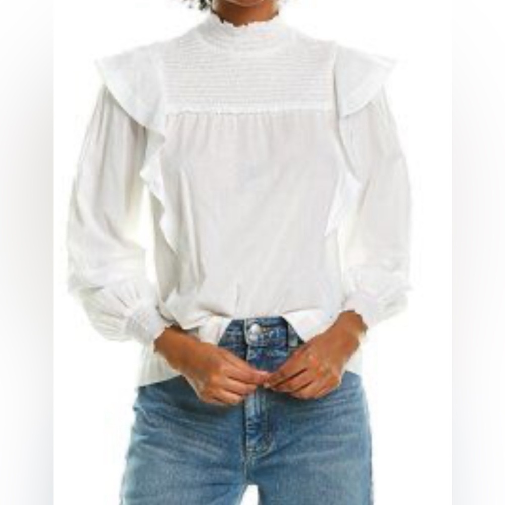 A.L.C. Jillian Smocked Ruffle Top Cotton Stretch Sz 8 M White Mock Neck LS